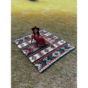 Alpaca Blanket Queen Size Forest Green Geometrical Pattern, Native Design Campin